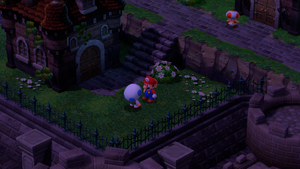 Toad giving Mario a Flower Tab in exchange for the Wallet in the Mushroom Kingdom of Super Mario RPG.