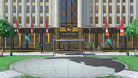 The entrance to the New Donk City Hall stage in Super Smash Bros. Ultimate.