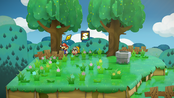 Mario getting the Star Piece in a tree in Petal Meadows in the remake of the Paper Mario: The Thousand-Year Door for the Nintendo Switch.