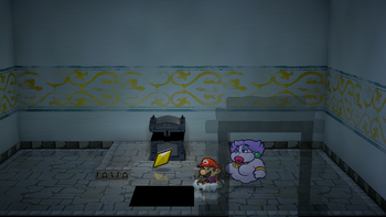 Mario getting the Star Piece under a hidden panel in front of the airplane black chest in the remake of the Paper Mario: The Thousand-Year Door for the Nintendo Switch.