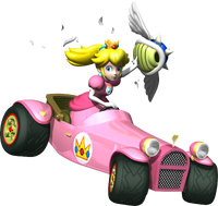 Princess Peach holding a Spiny Shell, in Mario Kart DS.