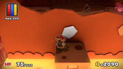 Mario in front of the unrevealed stairs in Redpepper Crater of Paper Mario: Color Splash.