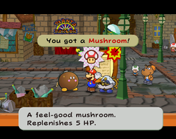Mario getting a Mushroom from Lucky in Rogueport of Paper Mario: The Thousand-Year Door.