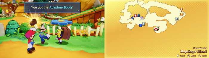 Luigi being given Adaphne Boots by Adaphne on Shipshape Island of Mario & Luigi: Brothership.