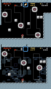 A screenshot of an unused copy of #6 Wendy's Castle from Super Mario World above a screenshot from the same area in the final game. For use on the pre-release and unused content page.