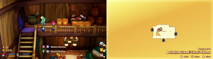 Mario and Luigi near wooden crates containing 2 Coins and a 10-Coin on Bulbfish Island of Mario & Luigi: Brothership.