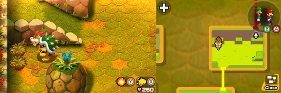 Bowser near two clumps of grass containing a Five Coin and a 10-Coin in Bumpsy Plains of Mario & Luigi: Bowser's Inside Story + Bowser Jr.'s Journey.