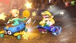Wario pushes Rosalina, while approaching the track's finish line.