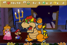 Mario defending Princess Peach while Bowser attacks him.