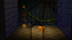 Mario revealing a hidden ? Block (containing a Point Swap) in the Palace of Shadow, in the remake of the Paper Mario: The Thousand-Year Door for the Nintendo Switch.