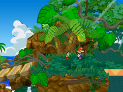 Mario next to the Shine Sprite behind the leaves of the tree to the right of the bridge in Keelhaul Key in Paper Mario: The Thousand-Year Door.