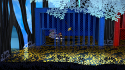 Mario getting the Star Piece under a hidden panel in the middle of the blue cell in the Great Tree in the remake of the Paper Mario: The Thousand-Year Door for the Nintendo Switch.