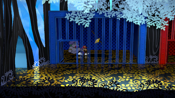 Mario getting the Star Piece under a hidden panel in the middle of the blue cell in the Great Tree in the remake of the Paper Mario: The Thousand-Year Door for the Nintendo Switch.