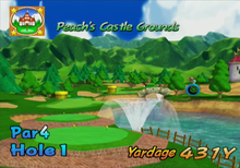 Hole 1 of Peach's Castle Grounds from Mario Golf: Toadstool Tour