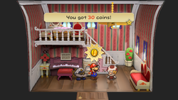 Mario getting 30 Coins from Toodles in Poshley Heights of Paper Mario: The Thousand-Year Door for Nintendo Switch.