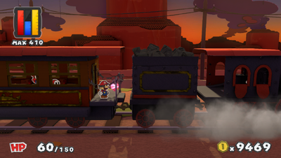 Mario near a Heart in Sunset Express of Paper Mario: Color Splash.