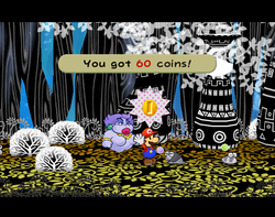 Mario getting 60 Coins from Puni Elder in The Great Tree of Paper Mario: The Thousand-Year Door.