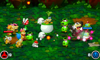 Screenshot of a battle at the Find the Carrot quest in the Bowser Jr.'s Journey mode of Mario & Luigi: Bowser's Inside Story + Bowser Jr.'s Journey.