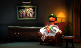 Luigi resting in his couch with Polterpup on his lap