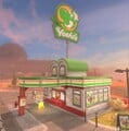 A gas station-themed Yoshi's drive-through near Choco Mountain with a light green logo