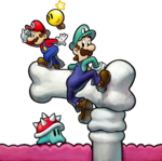 Artwork of Mario, Luigi, and Starlow exploring inside Bowser's body. A Spike Blop is seen underneath the bone.