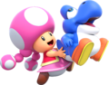 Toadette holding a Bubble Baby Yoshi