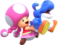 Artwork of Toadette with a Bubble Baby Yoshi in New Super Mario Bros. U Deluxe