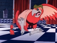 A "Miserable Squawking Angry Giant Ninja Parrot" prepares to attack Mario in The Adventures of Super Mario Bros. 3