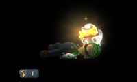 Polterpup from Luigi's Mansion: Dark Moon taking a Gold Bone and reviving Luigi.