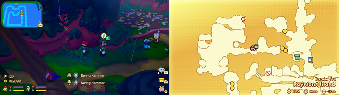 Mario and Luigi near wooden crates containing a Mushroom on Raynforst Island of Mario & Luigi: Brothership.