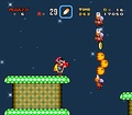 Mario on a Red Yoshi, spitting fireballs.