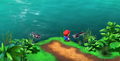 Mario next to the tadpoles selling items in Tadpole Pond, as seen in the Nintendo Switch remake