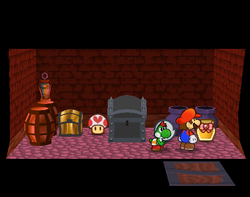 Mario near the items in the storeroom of the item shop in Twilight Town of Paper Mario: The Thousand-Year Door.