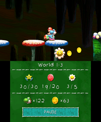 Smiley Flower 4: In an area with four mushroom platforms over a pit, before the pipe that leads above the ground, Light-Blue Yoshi must step on the red mushroom platform to make the fourth Smiley Flower appear under the adjacent blue mushroom. He can then ricochet an egg off the ledge in front of him to hit and collect the flower.