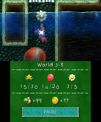 Smiley Flower 4: In a bonus area Blue Yoshi can access with a bridge and a hidden Winged Cloud that spawns a Spring Ball just before the level's second Egg Plant. After Blue Yoshi travels down a water slide, it can acquire a Metal Eggdozer that enables it to move underwater and break stone blocks to retrieve the flower.