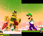 Giant Dreamy Luigi battling Robo-Drilldigger in Dreamy Dozing Sands.