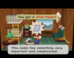 Mario getting the Vital Paper in Cabin 001 on Excess Express of Paper Mario: The Thousand-Year Door.