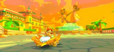 Wii Daisy Circuit R: Daisy (Sailor) doing a victory lap in the Gold Cupid's Arrow kart