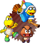 Artwork of Bowser's Minions: Kamek, Koopa Troopa, and Goomba in Mario & Luigi: Brothership