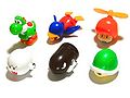 Wheeled toys that launch themselves forward when pulled back. They include Yoshi, Penguin Mario, a Propeller Mushroom, a Boo, a Bullet Bill, and a Green Shell, all based on New Super Mario Bros. Wii.[12]
