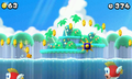 Mario in a beach level with Cheep-Cheeps and spikes.