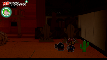 A Toad folded into a cactus inside Big Sho' Theater in Paper Mario: The Origami King