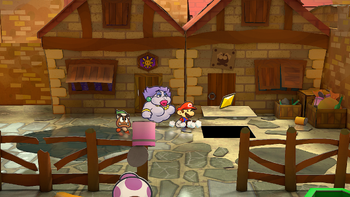 Mario getting the Star Piece under a hidden panel in front of Professor Frankly's house in Rogueport in the remake of the Paper Mario: The Thousand-Year Door for the Nintendo Switch.