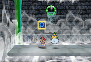 Mario standing next to the Super Block near Shiver City in Toad Town Tunnels in Paper Mario.