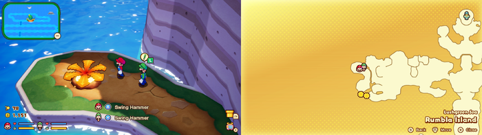 Mario and Luigi near a Golden Plug Radish containing 10 Coins on Rumbla Island of Mario & Luigi: Brothership.