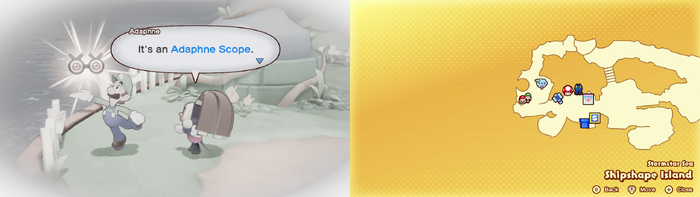 Luigi being given the Adaphne Scope by Adaphne on Shipshape Island from Mario & Luigi: Brothership.