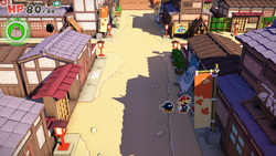 Mario standing near six lamp post containing a Coin each in Shogun Studios of The Origami King.