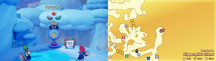 Mario and Luigi being given a Super Syrup Jar by the Concordia Hammer-Rally machine on Slippenglide Island of Mario & Luigi: Brothership.