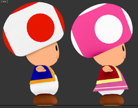 Models of Toad and Toadette viewed at the side orthographic view. Those side spots are smaller and offset to their anterior compared to other games where these spots are the same size as front and back and top, and placed more toward the center. Also, for some reason, these spots are modeled topology rather than just a texture unlike in most other models of Toad and Toadette. Taken in 3DS Max. Toadette's weird creepy worm extension things are removed for comparison between the placement of her mushroom cap and Toad's cap. Toadette has a slightly lower mushroom cap, which makes her forehead look smaller; you can see this if you compare Toad and Toadette in gameplay screenshots.