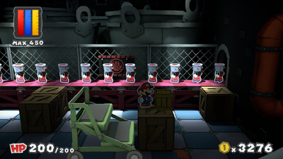 Mario near a crate containing 1-Up Mushroom Card in Black Bowser's Castle of Paper Mario: Color Splash.